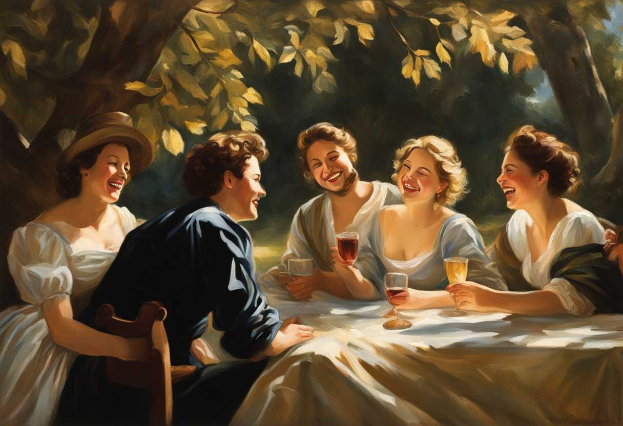 Friends-laughing-and-sharing-joy-under-sunlit-trees-creating-a-cozy-timeless-moment_syfv
