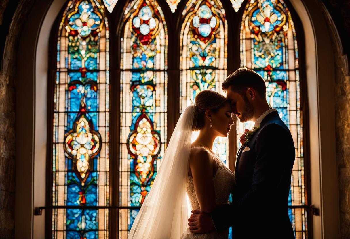 bride-and-groom-standing-hand-in-hand-heads-bowed-in-prayer-soft-golden-light-stained-glass-windo