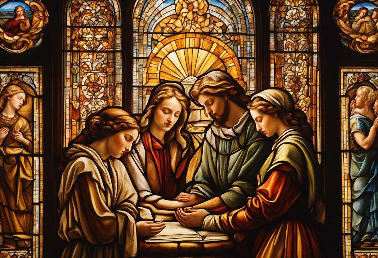 group-of-people-praying-warm-golden-light-stained-glass-windows-serene-glow-bowed-heads-clasped