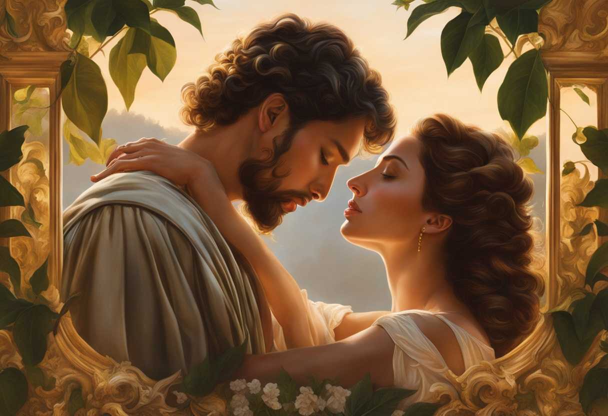 A-couple-shares-a-tender-gaze-surrounded-by-golden-hour-glow-and-lush-greenery_snak