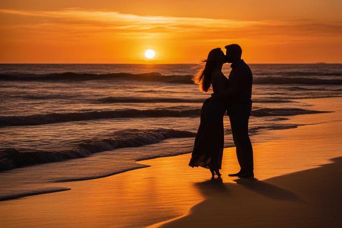 couple-standing-on-a-beach-at-sunset-silhouetted-against-the-vibrant-hues-of-the-setting-sun-arms-