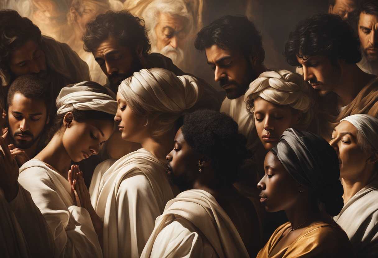 Diverse-group-of-people-praying-together-heads-bowed-in-determination-and-vulnerability-bathed-in-_zeck