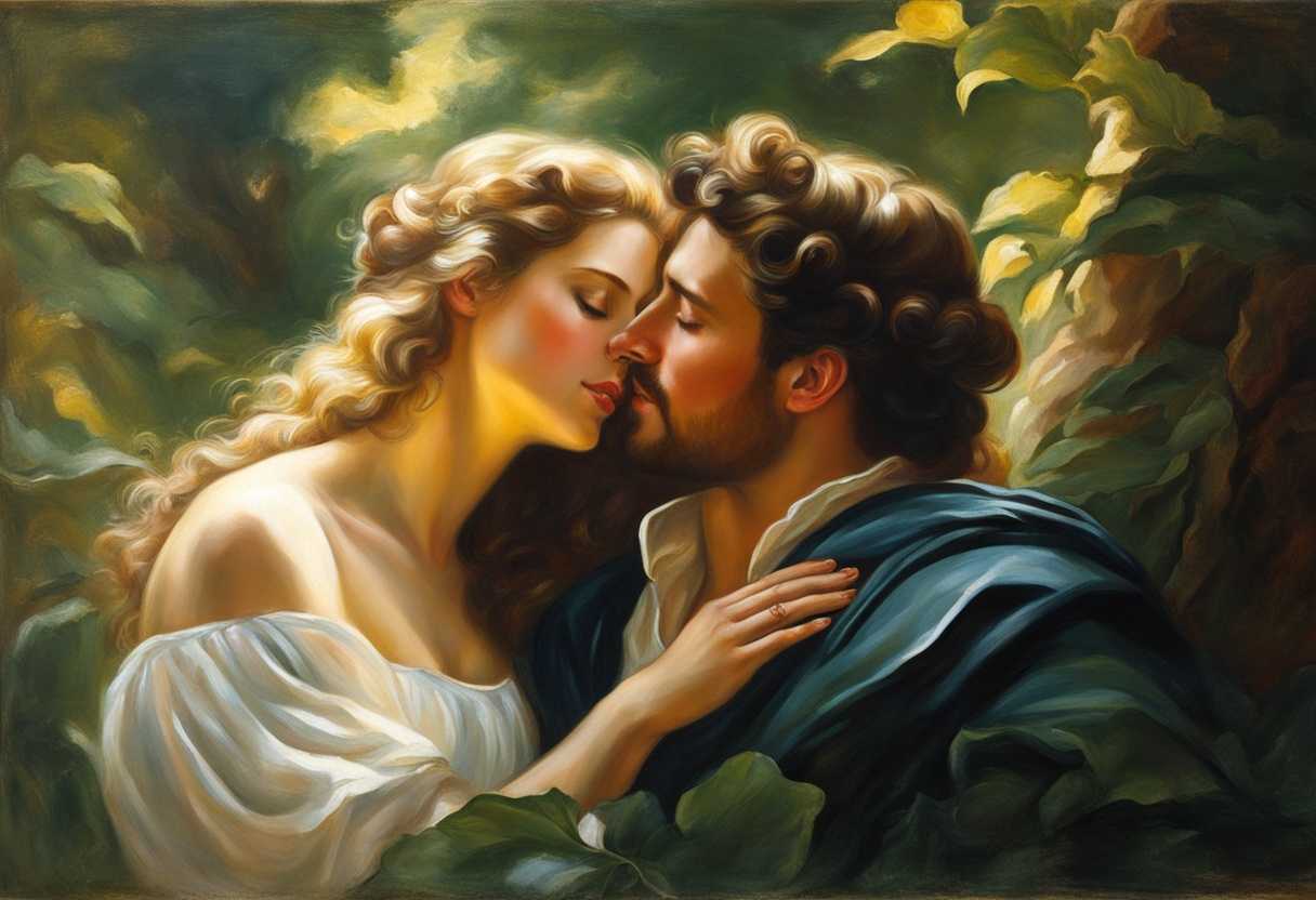 A-couple-shares-a-tender-moment-eyes-locked-sunlight-filtering-through-lush-greenery_ojpd