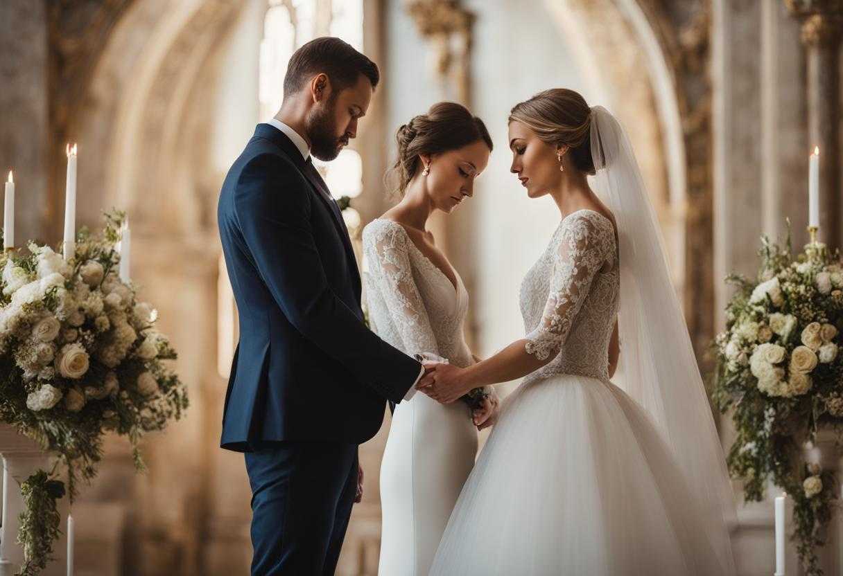 bride-and-groom-standing-facing-each-other-holding-hands-heads-bowed-in-prayer-soft-natural-light