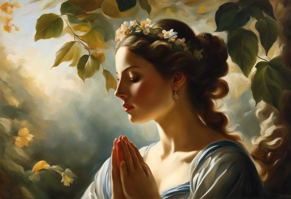 A-serene-figure-in-prayer-sunlight-filtering-through-leaves-nature's-beauty-surrounding-them_dcax