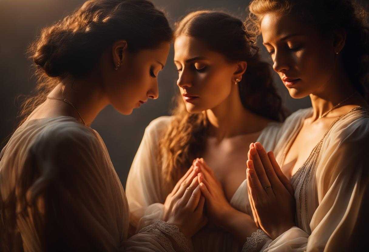 group-of-people-praying-soft-light-setting-sun-warm-glow-circle-heads-bowed-prayer-hands-clas