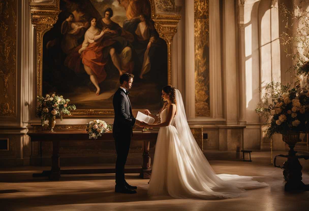 A-couple-in-elegant-wedding-attire-exchange-vows-in-a-serene-golden-lit-setting_ezah