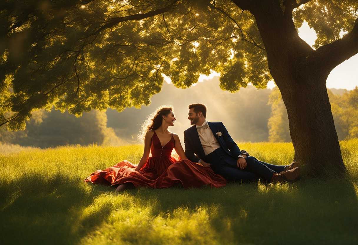 A-joyful-couple-on-a-grassy-knoll-sunlight-filtering-through-leaves-love-radiating_xafr