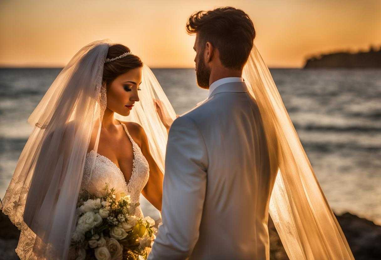 bride-and-groom-standing-facing-each-other-warm-glow-of-setting-sun-clasped-hands-bowed-in-prayer