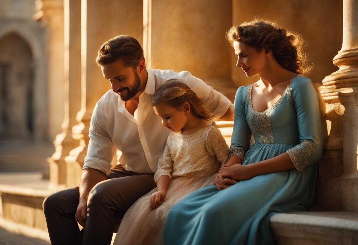 father-and-children-protective-stance-warm-sunlight-golden-glow-serene-atmosphere-intimate-mome