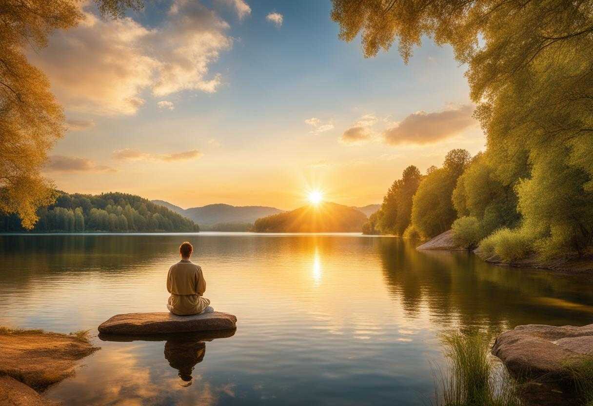 person-praying-serene-natural-setting-golden-light-peaceful-atmosphere-tranquil-calm-lake-lush