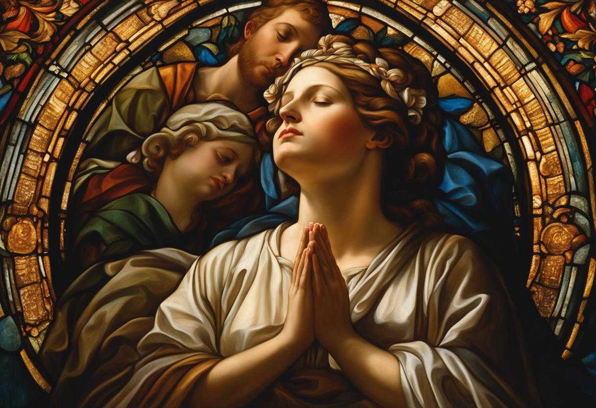 people-praying-soft-light-stained-glass-warm-glow-bowed-heads-clasped-hands-closed-eyes-deep-