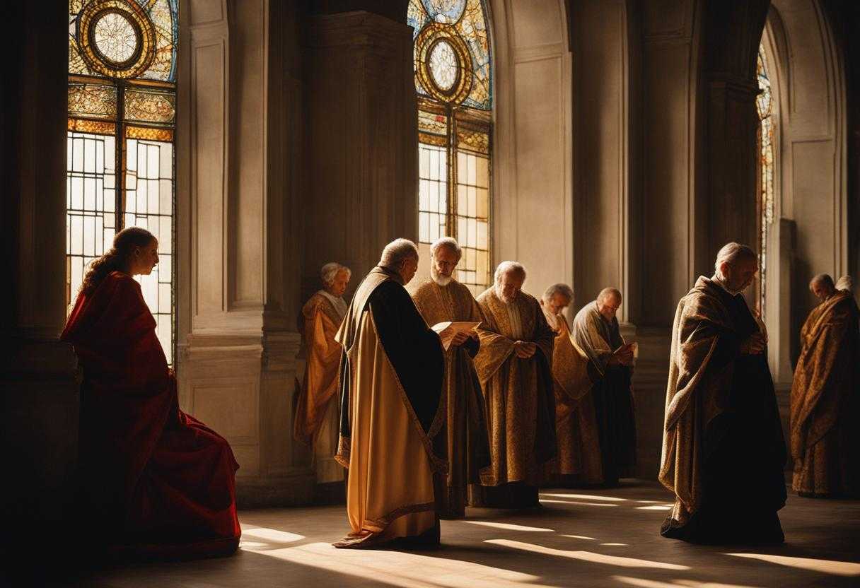 people-praying-soft-light-stained-glass-warm-glow-bowed-heads-earnest-supplication-serene-face