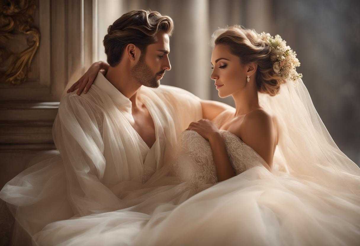 romantic-couple-bride-and-groom-tender-embrace-flowing-gown-ethereal-glow-adoration-timeless-r