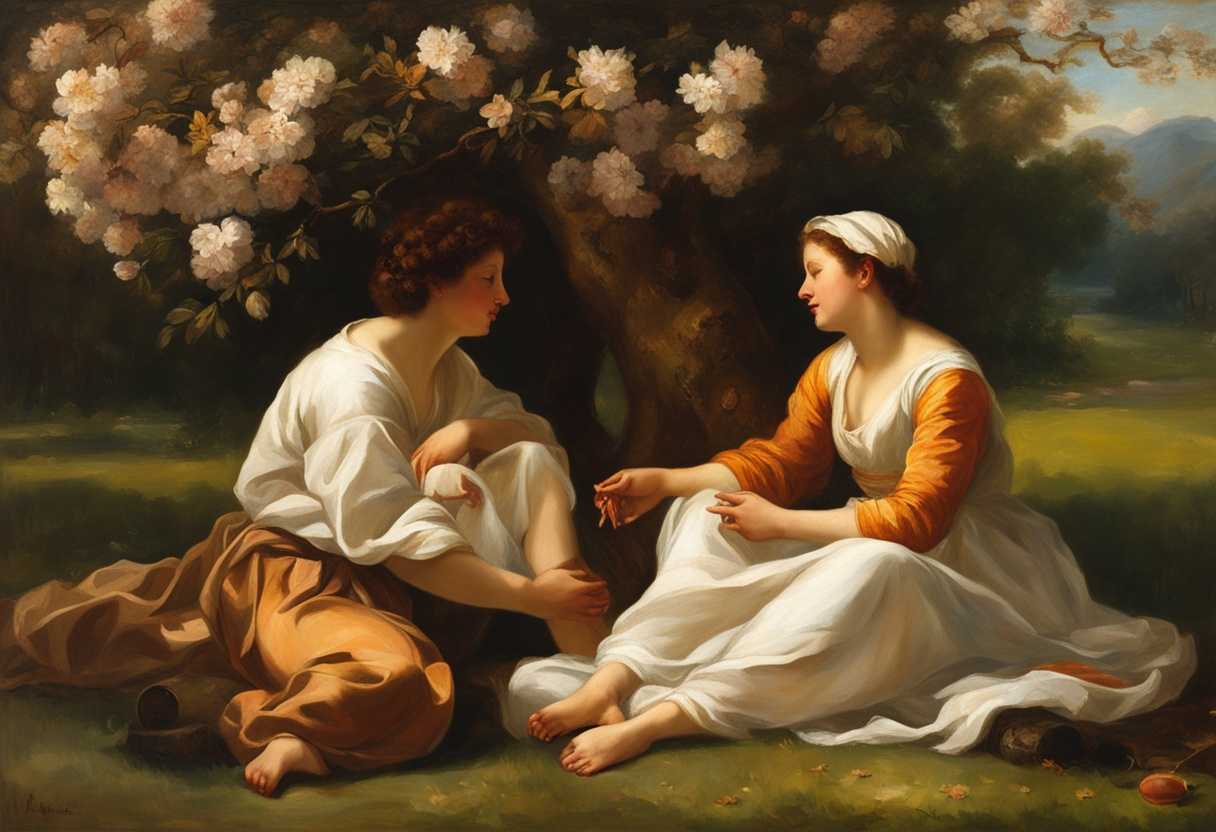 Two-friends-sharing-a-heartfelt-conversation-under-a-blooming-tree-warm-sunlight-serene-atmosphere_lbdu