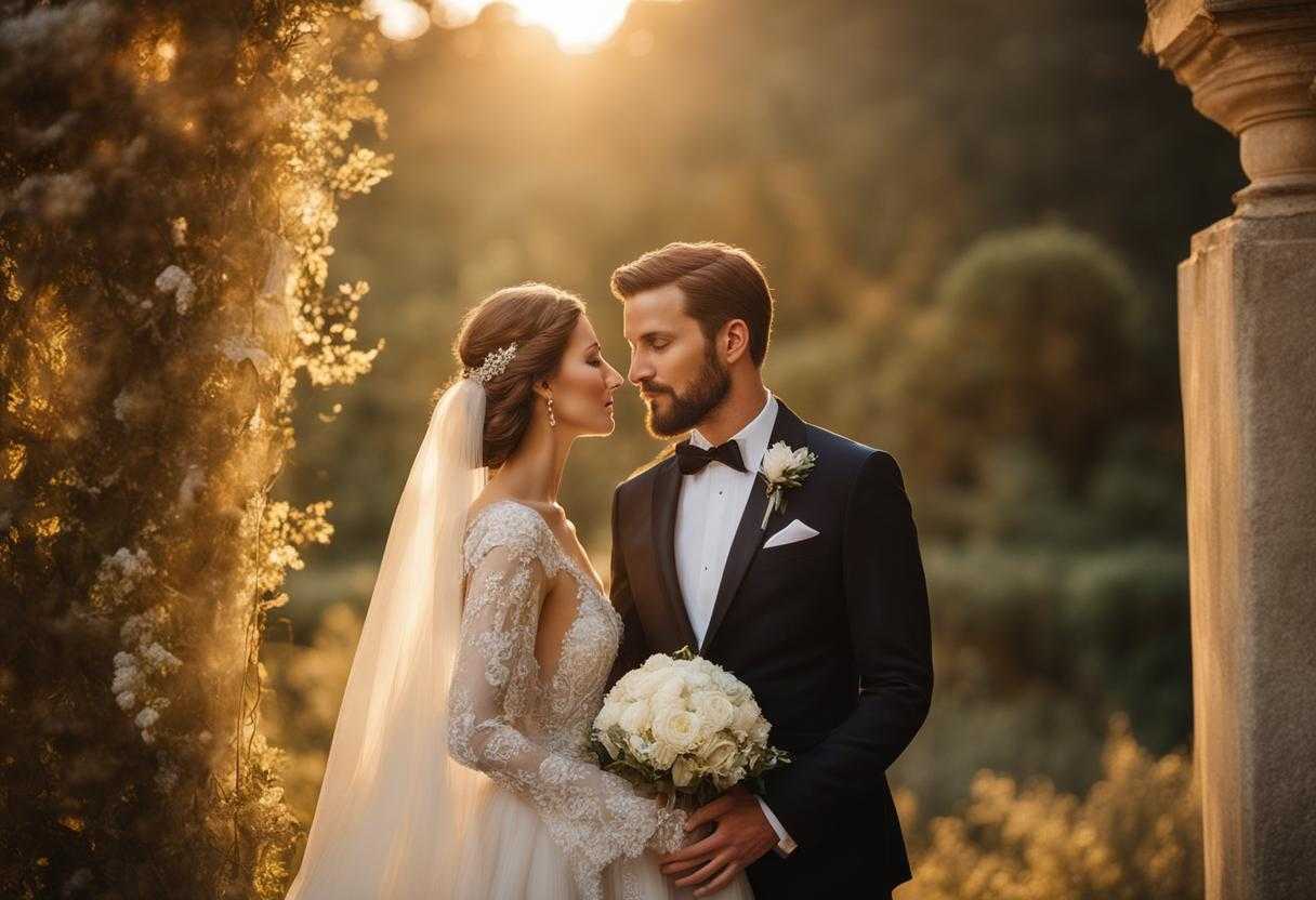 bride-and-groom-soft-golden-light-clasped-hands-closed-eyes-quiet-reverence-fluttering-veil-et_oyns