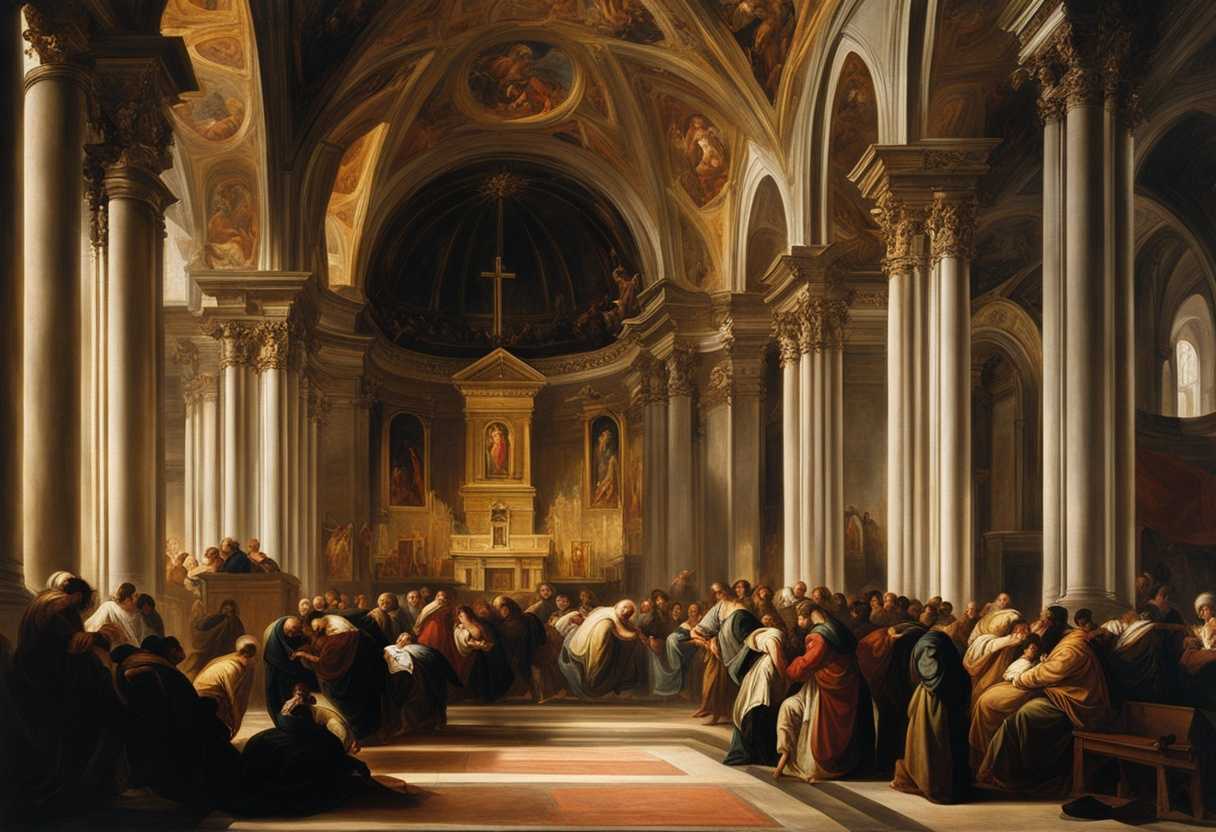 People-gather-in-a-church-bathed-in-warm-light-heads-bowed-in-prayer-united-in-faith_visw