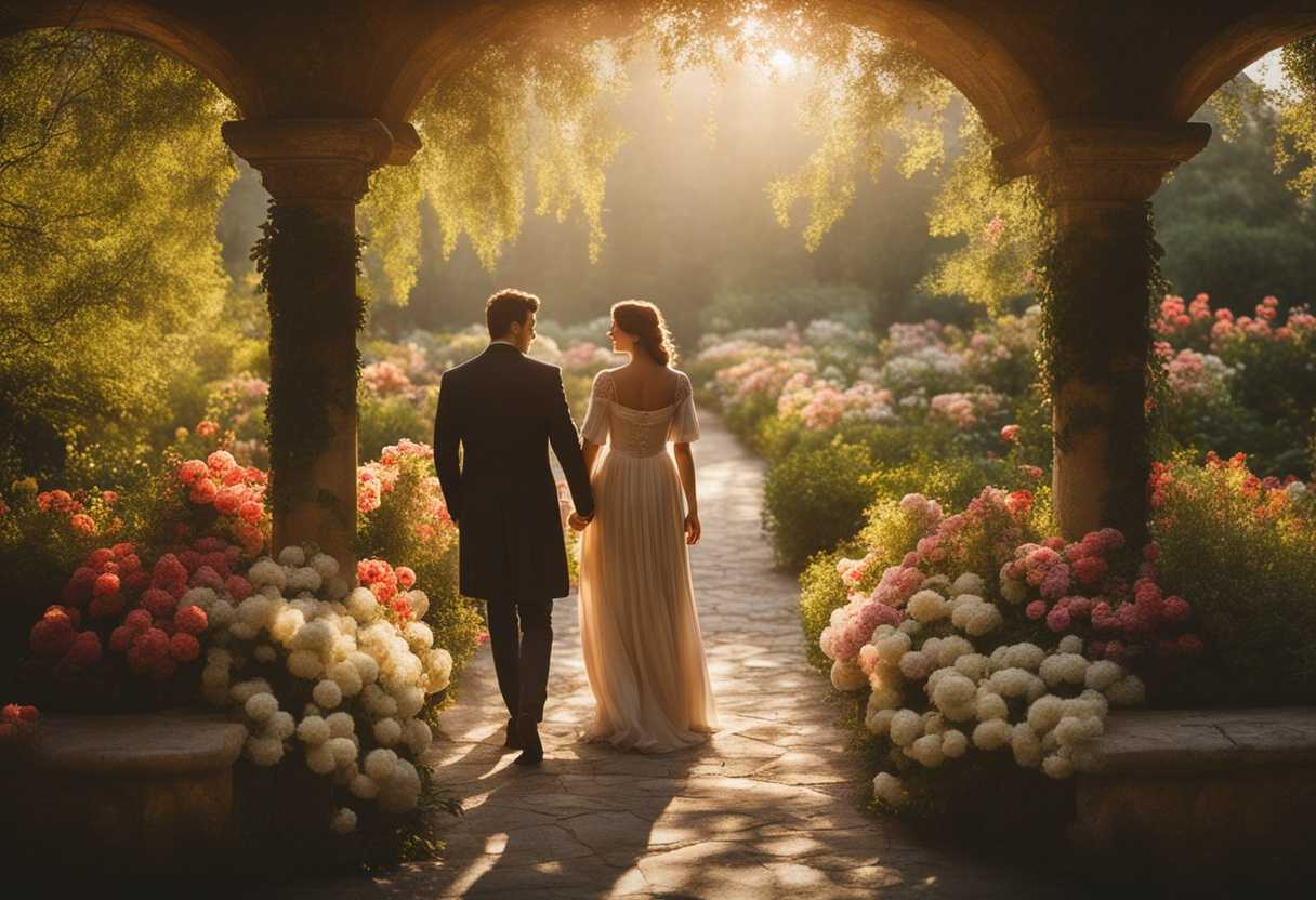 Couple-holding-hands-in-a-serene-garden-soft-sunlight-gentle-breeze-surrounded-by-blooming-flower_auyb