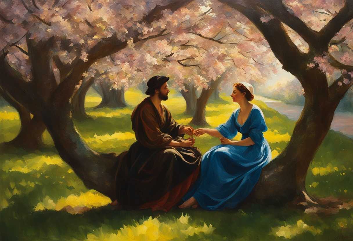 Two-friends-sharing-a-deep-conversation-under-a-blooming-tree-sunlight-filtering-through-leaves-se_eenv