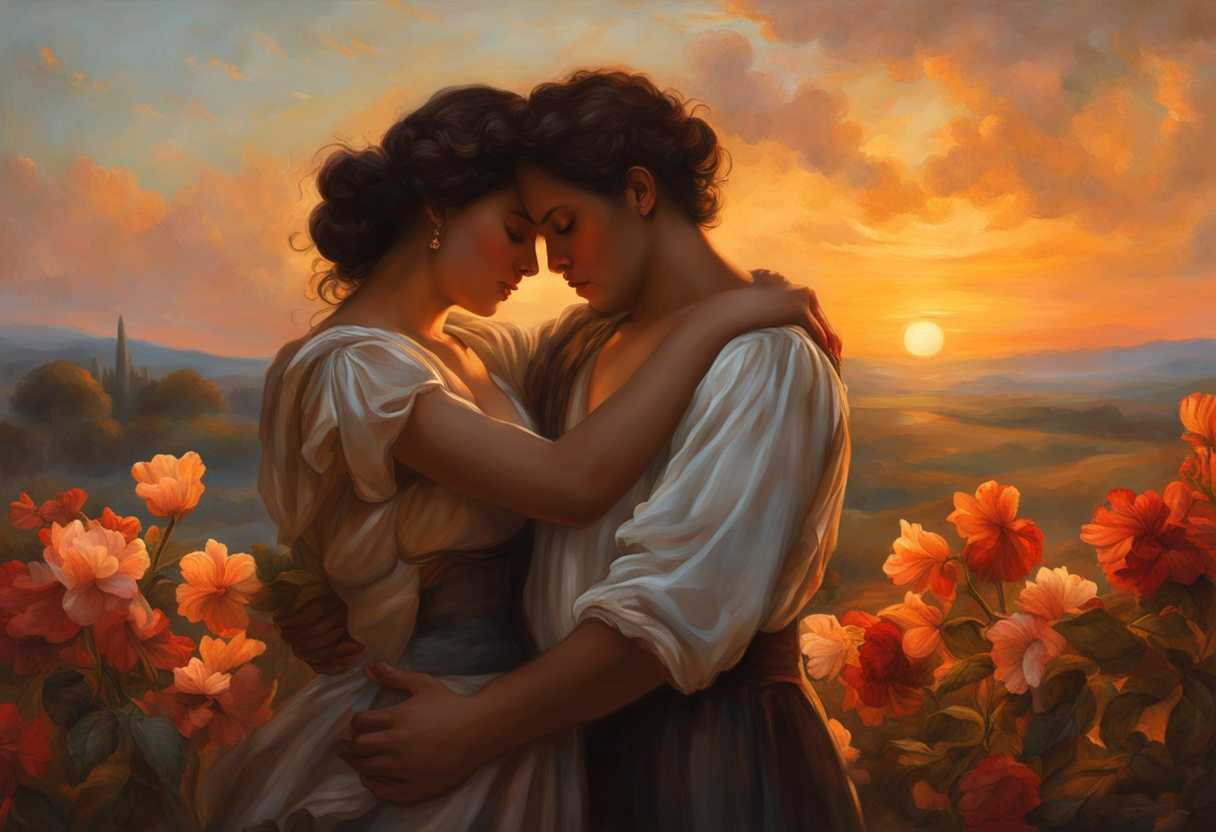 Two-friends-embracing-under-a-sunset-surrounded-by-blooming-flowers-warmth-reconciliation-emotio_rzvw