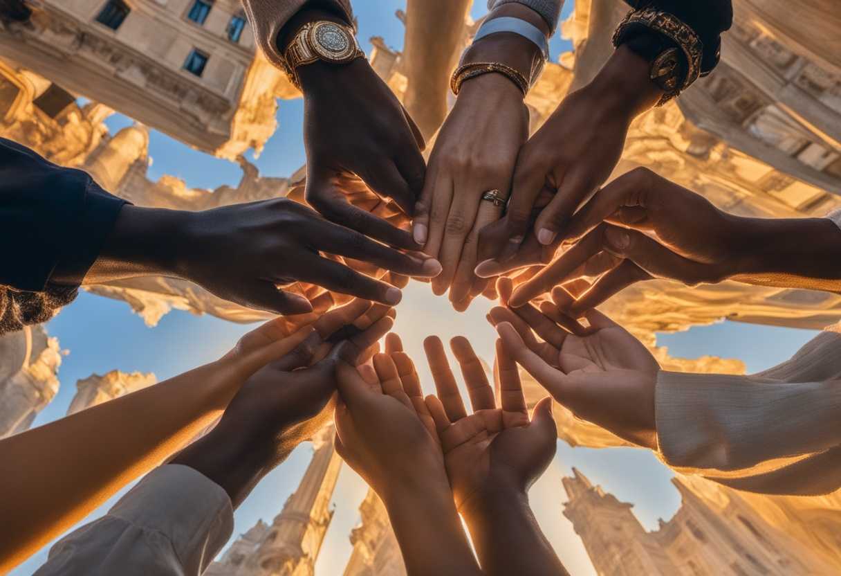 A-serene-sunrise-over-a-bustling-city-diverse-hands-joining-together-hopeful-expressions-vibrant-_bscj