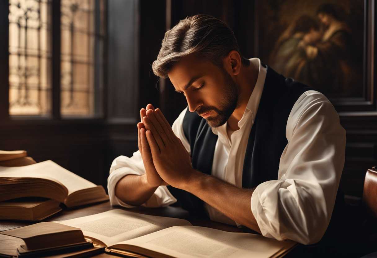 Businessperson-praying-in-office-surrounded-by-challenges-serene-atmosphere-hopeful-expression-w_szrt