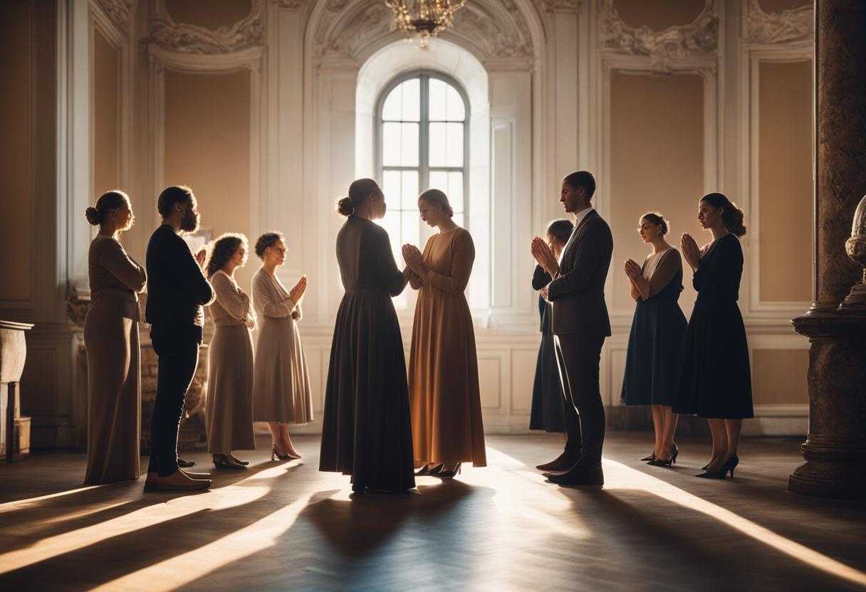 group-of-coworkers-standing-in-a-circle-heads-bowed-in-prayer-soft-glow-of-natural-light-serene-a