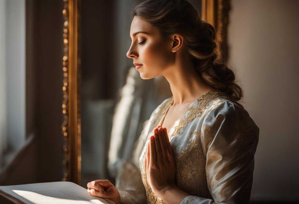 person-preparing-for-a-job-interview-standing-in-front-of-a-mirror-reciting-a-prayer-with-closed-e_swcj