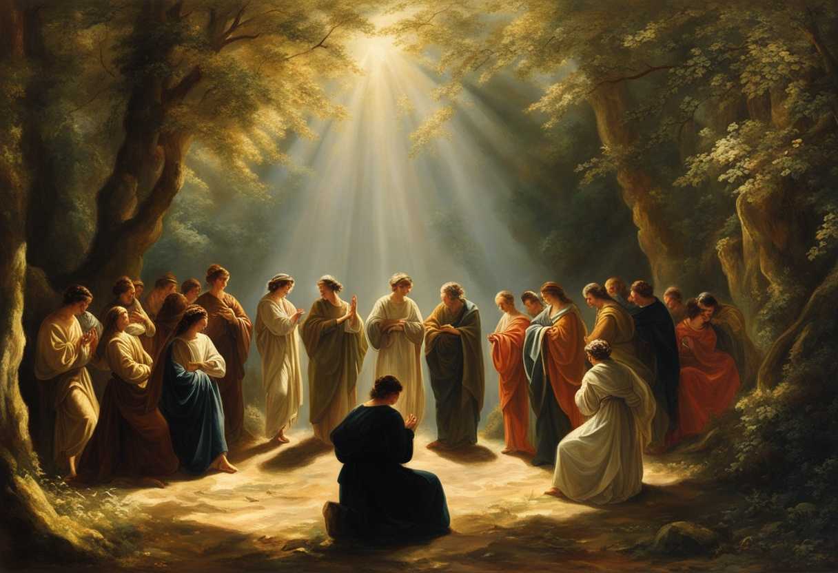 People-in-a-circle-praying-with-serene-faces-in-sunlight-dappled-forest-embodying-unity-and-spirit_vtvo