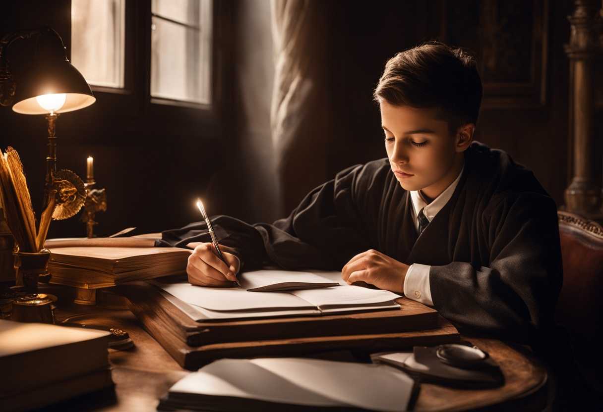 A-focused-son-at-his-desk-organizing-tasks-under-bright-light-clock-ticking-nearby_capy