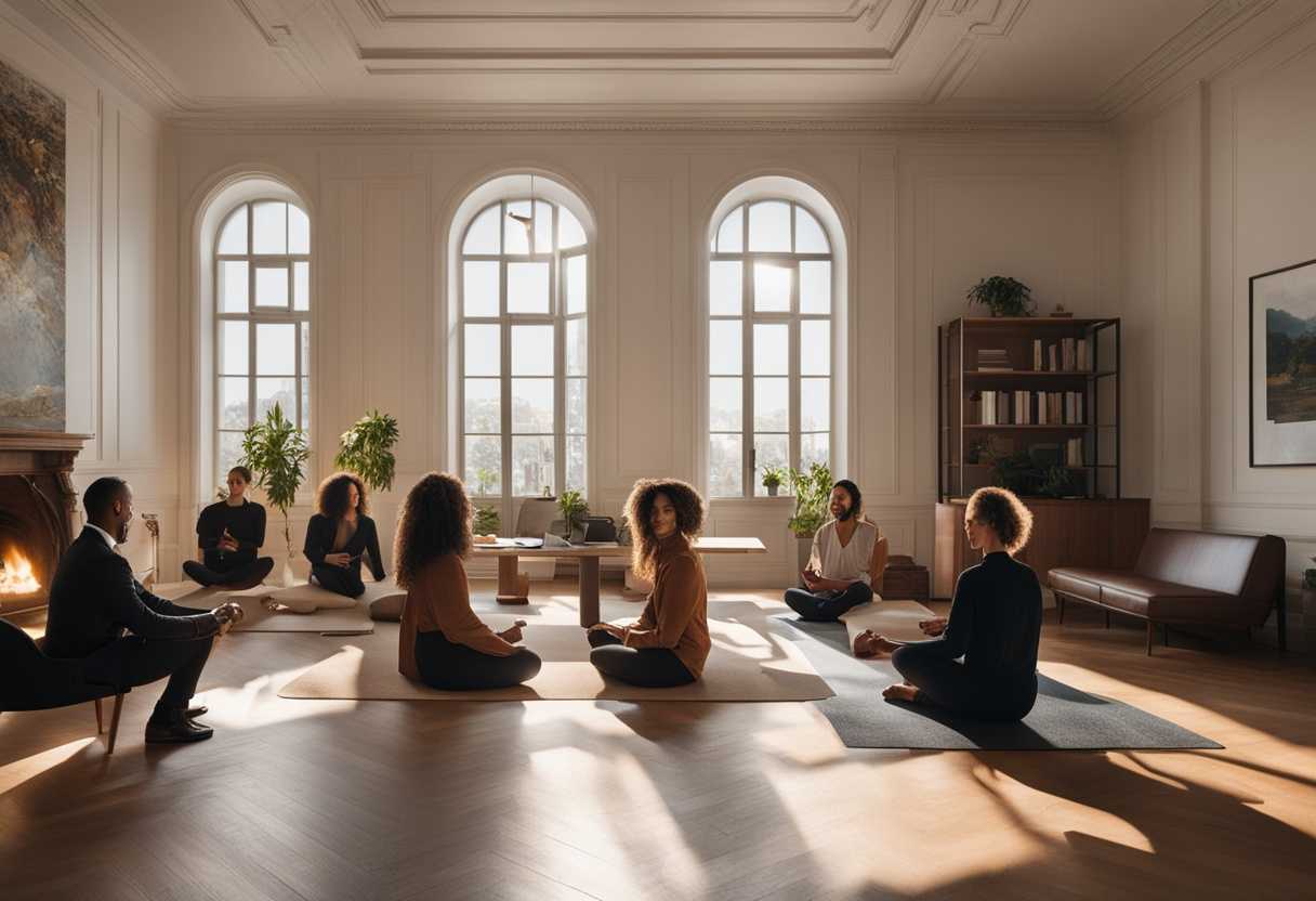 Employees-practicing-mindfulness-in-a-sunlit-office-creating-a-serene-connected-atmosphere_zgii