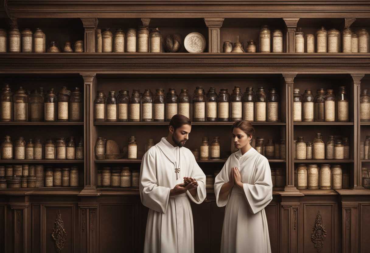 Pharmacists-in-prayer-hands-clasped-serene-atmosphere-shelves-of-medicine-unity-and-compassion_hamz