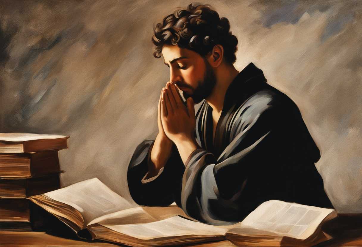 Person-praying-earnestly-surrounded-by-job-applications-hopeful-expressions-soft-lighting-serene_lwsk