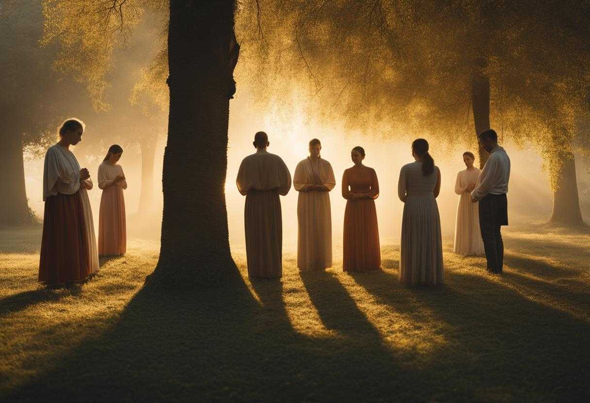 team-of-people-standing-in-a-circle-heads-bowed-in-prayer-soft-glow-of-sunlight-filtering-through-