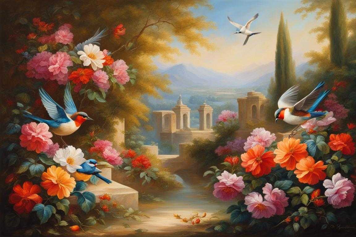 vibrant-flowers-bloom-in-the-foreground-delicate-petals-soft-sunlight-pair-of-birds-flit-graceful