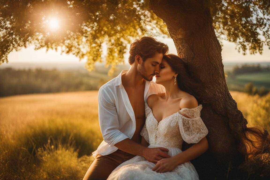 young-couple-embracing-under-a-tree-golden-sunlight-tousled-hair-serene-connection-dappled-light